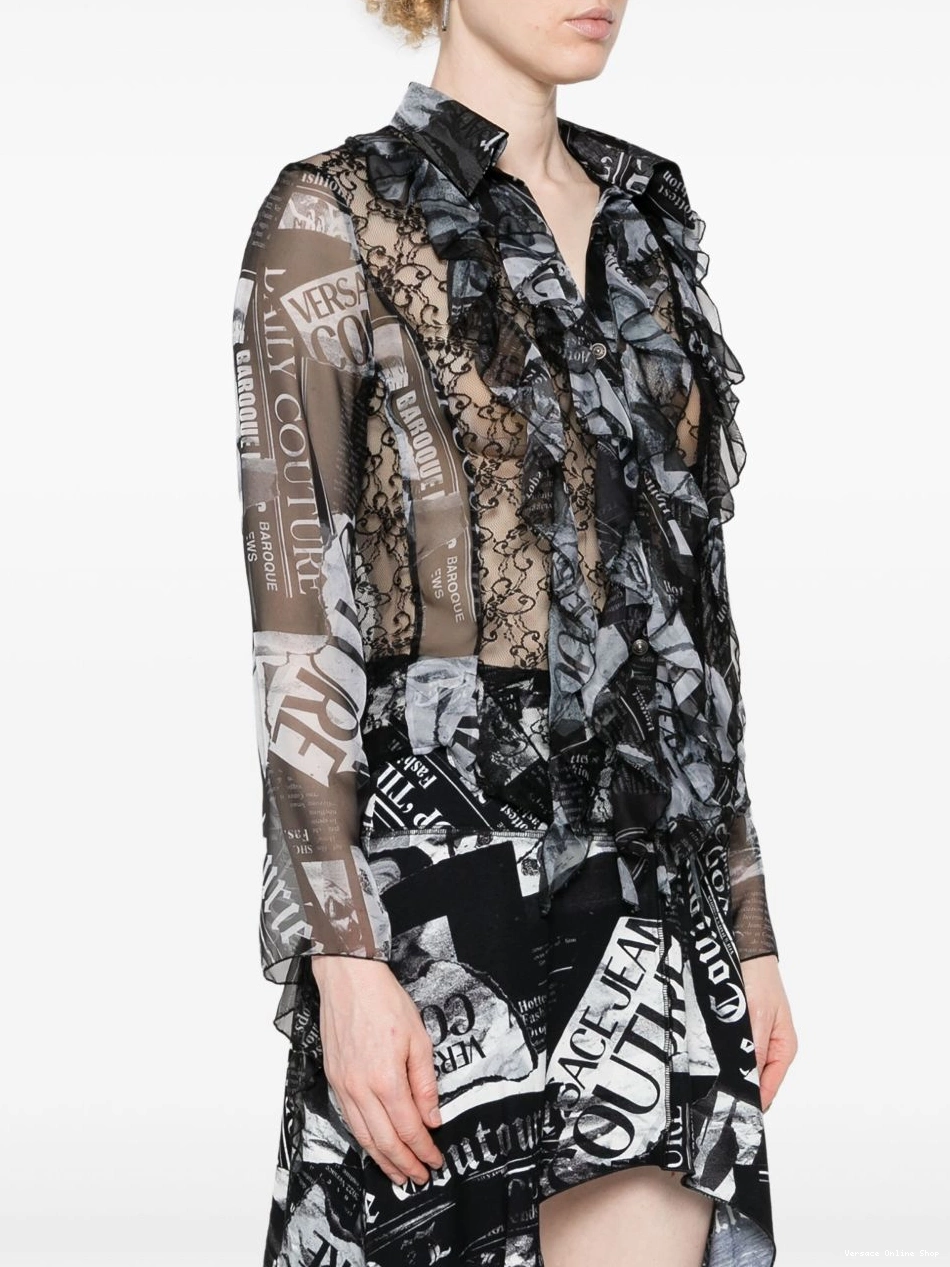 Affordable Jeans sheer Versace Magazine-print Women shirt Couture 0316